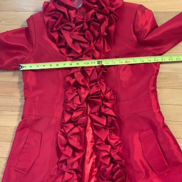 Red Ruffle Button front poly silk jacket - Picture 6 of 6